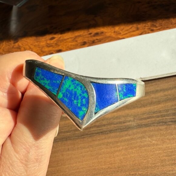 Vintage Mexican Sterling Silver Hinged Clamper Bracelet Azurite & Lapis Inlay 92 - Picture 9 of 12